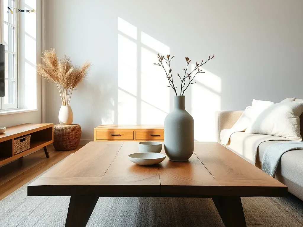 A beautifully styled wooden coffee table in a modern living room, showcasing timeless wooden home decor with natural textures and soft morning light.