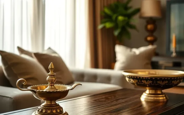 A close-up of polished brass decor accents styled on a wooden console table in a refined Indian home.