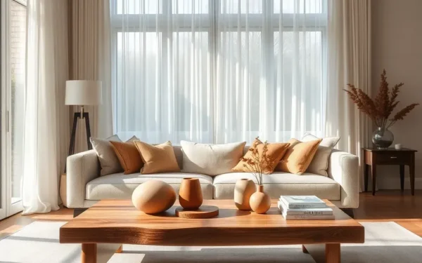 Elegant living room featuring styled artisan wooden decor on a minimalist coffee table in a sophisticated home.