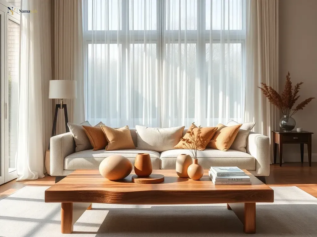 Elegant living room featuring styled artisan wooden decor on a minimalist coffee table in a sophisticated home.