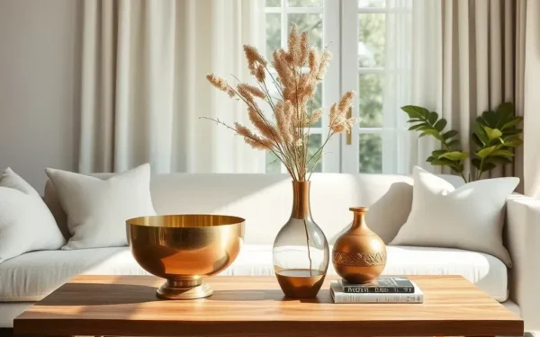 A sophisticated living room styled with handcrafted wooden, brass, and copper home decor items for an artisan look.