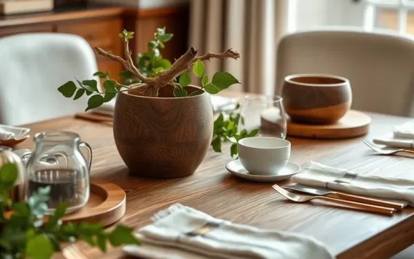 A beautifully styled dining table showcasing luxury handcrafted wooden serveware for elegant home hosting.