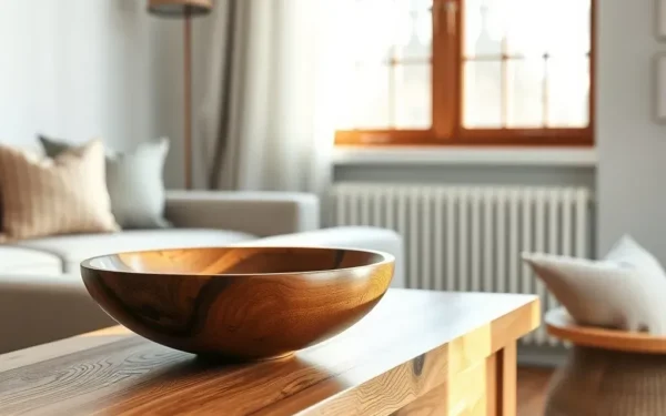 A beautifully styled wooden bowl on a console table, showcasing timeless wooden home decor in a bright, modern living room.