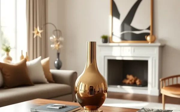 Styling brass home accents on a walnut sideboard in a sophisticated, sunlit modern living room.
