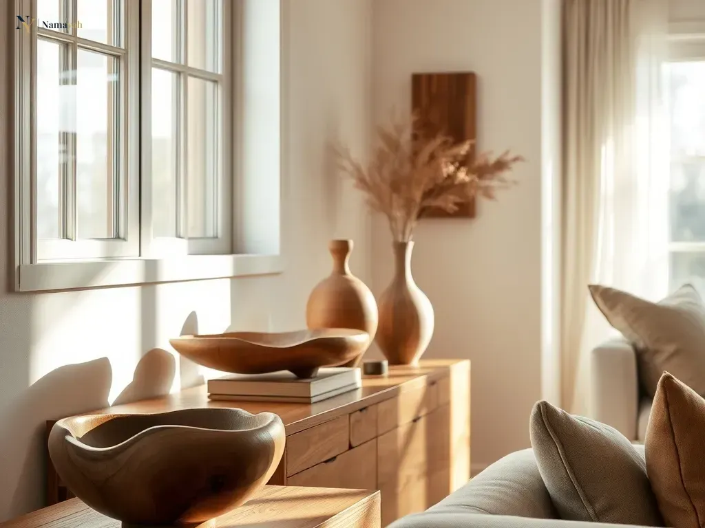 A beautifully styled living room featuring artisan wooden home decor pieces on a minimalist console table with natural lighting.