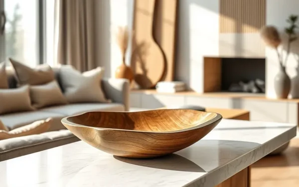 Styling artisan wooden decor in a sophisticated, modern living room with natural light and minimalist luxury design.
