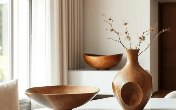 Styling artisan wooden decor in a sophisticated modern living room with natural light and hand-carved wooden accessories.
