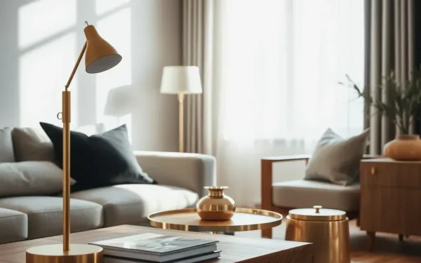 Modern living room styled with handcrafted brass and wooden artisan home decor pieces under natural sunlight.