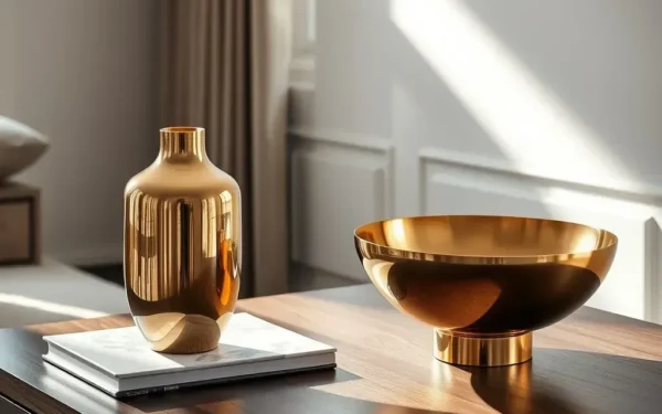 Close-up of elegant polished brass home decor items styled on a wooden console table in a luxury living room.