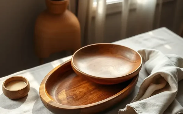 Close-up of artisan wooden serveware being maintained with natural wax on a rustic linen surface.