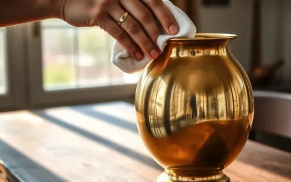 A person carefully polishing a handcrafted artisan brass vase on a wooden table to maintain its shine.