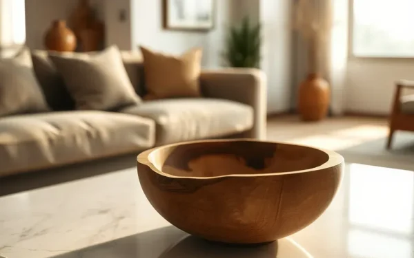 A close-up shot of hand-carved artisan wooden decor styled on a marble coffee table in a modern, sophisticated living room with natural lighting.