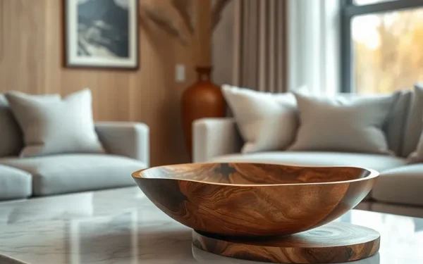 A sophisticated living room featuring hand-carved artisan wooden decor on a marble table, showcasing elegant interior styling.