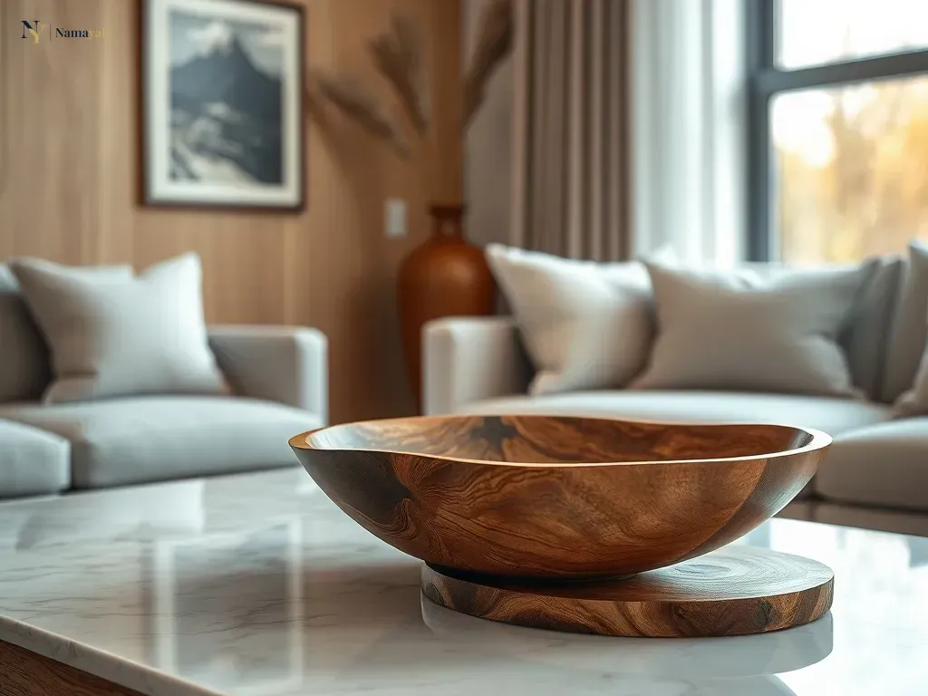 A sophisticated living room featuring hand-carved artisan wooden decor on a marble table, showcasing elegant interior styling.