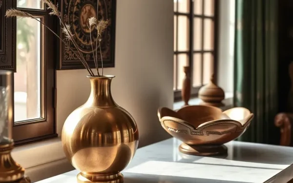 A curated display of authentic Indian brass and wooden handicrafts on a marble table in a luxury home setting.