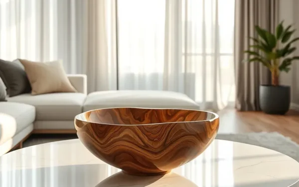 A beautifully styled artisan wooden bowl on a marble coffee table in a sunlit living room.
