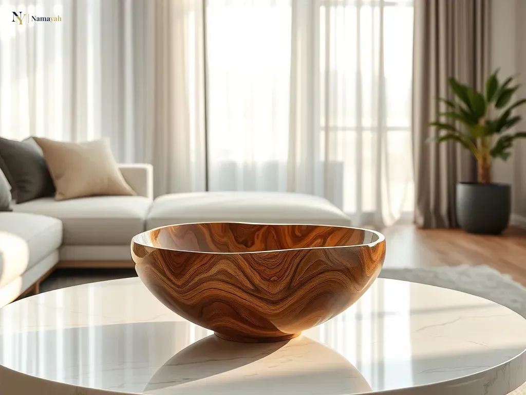 A beautifully styled artisan wooden bowl on a marble coffee table in a sunlit living room.