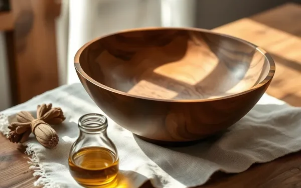 A close-up of a handcrafted wooden serving bowl on a linen cloth, showcasing proper artisan wooden serveware care and maintenance.