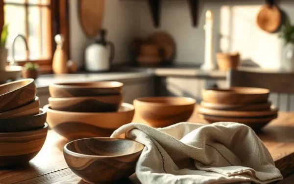 Close-up of artisan wooden serveware being polished with oil on a rustic table to maintain its natural beauty.