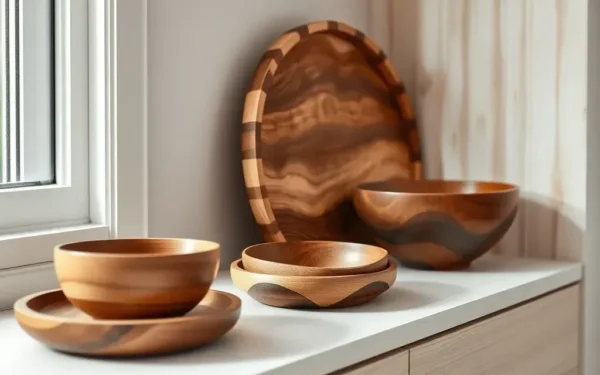 A curated display of handcrafted wooden home accessories on a modern shelf, showcasing warm textures and minimalist interior design.