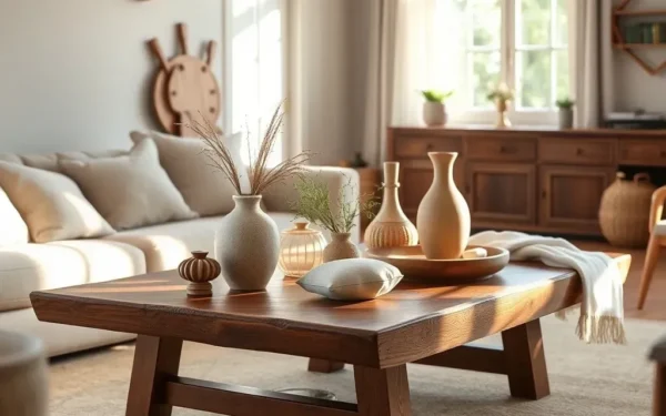 Styling artisan wooden home decor in a modern, elegant living room setting.