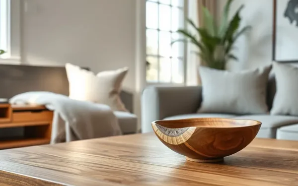 A close-up of handcrafted artisan wooden decor on a coffee table in a sunlit, elegant living room.