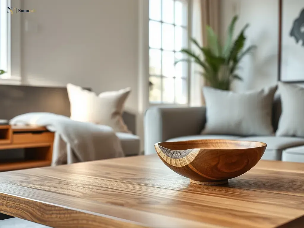 A close-up of handcrafted artisan wooden decor on a coffee table in a sunlit, elegant living room.