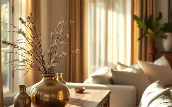 A luxurious living room featuring handcrafted brass and wooden artisan decor on a console table.