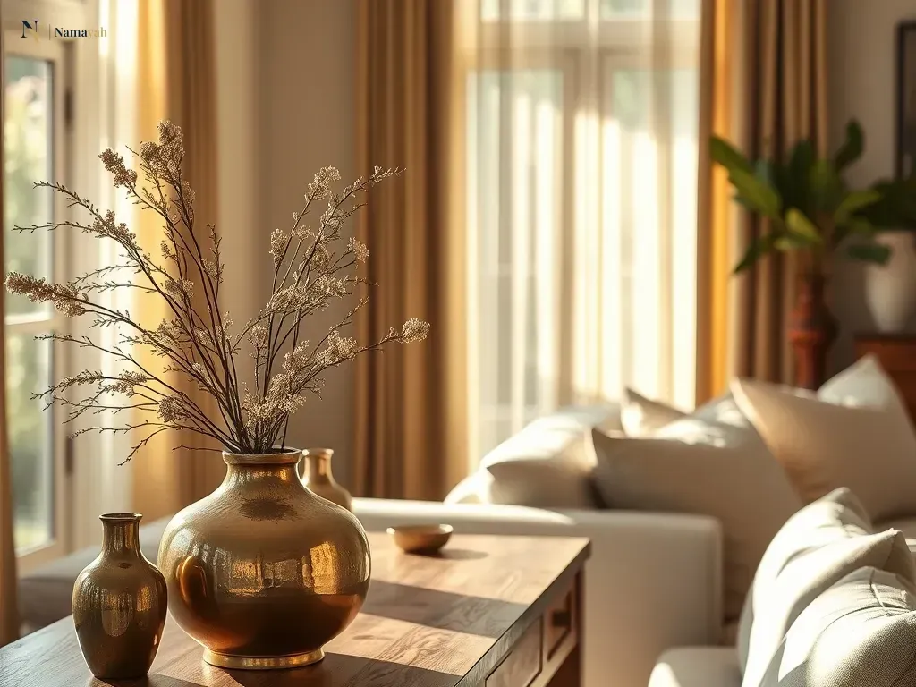 A luxurious living room featuring handcrafted brass and wooden artisan decor on a console table.