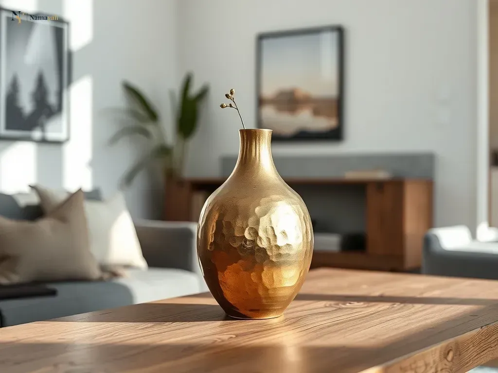 A beautifully styled living room featuring handcrafted artisan brass decor on a wooden console table with soft natural lighting.