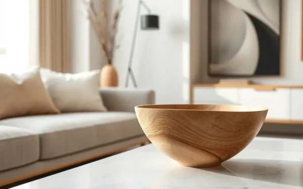 A close-up of artisan wooden decor styled on a marble coffee table in a modern, sophisticated living room with natural light.