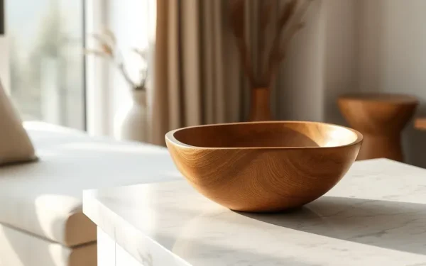 A beautifully styled hand-carved wooden bowl on a marble console table, representing sophisticated artisan home decor.