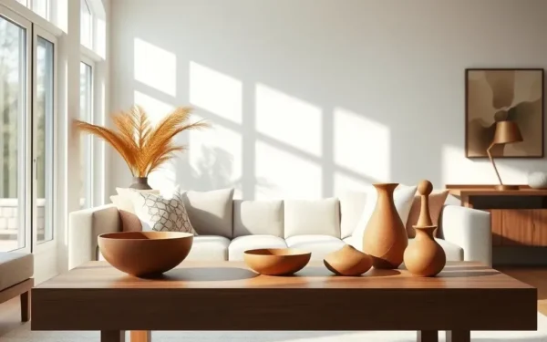A beautifully styled living room featuring artisan wooden decor pieces on a minimalist table, capturing a sophisticated and natural home aesthetic.