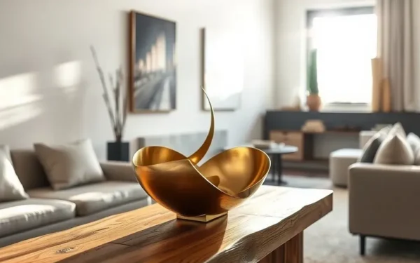 A close-up of elegant artisan metal home decor, including a polished brass sculpture on a wooden console table in a sunlit modern room.