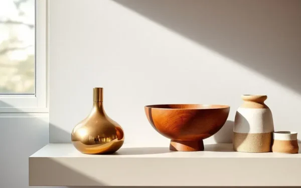 A beautifully curated shelf featuring artisan brass and wooden home decor items in a luxury living space.