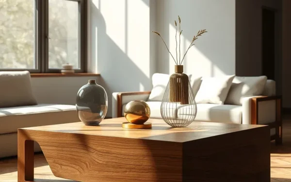 A beautifully styled modern living room showcasing handcrafted wooden furniture and brass decor to highlight the benefits of artisanal home items.