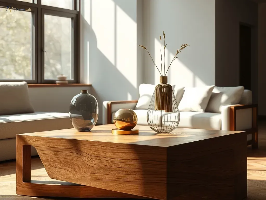 A beautifully styled modern living room showcasing handcrafted wooden furniture and brass decor to highlight the benefits of artisanal home items.