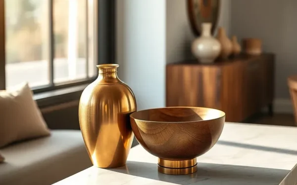 A beautifully styled console table featuring handcrafted artisan home decor, including a brass vase and wooden bowl in a sunlit room.