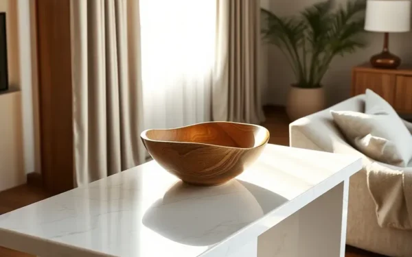 Styling artisanal wooden home decor on a marble console table in a bright, elegant modern living room.