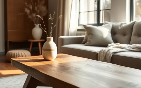 A beautifully styled wooden coffee table in a modern living room, showcasing timeless home decor elegance.