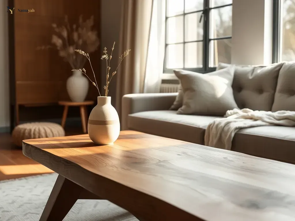 A beautifully styled wooden coffee table in a modern living room, showcasing timeless home decor elegance.