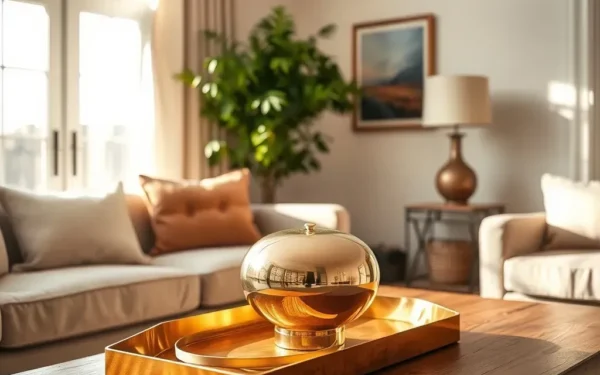 A sophisticated living room featuring polished brass home decor on a wooden coffee table.