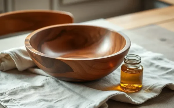 A close-up of artisan wooden serveware being polished with natural oil on a rustic table, highlighting the wood grain texture and care process.
