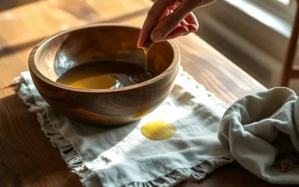 A close-up shot of hands applying oil to a handcrafted wooden serving bowl to maintain its finish.