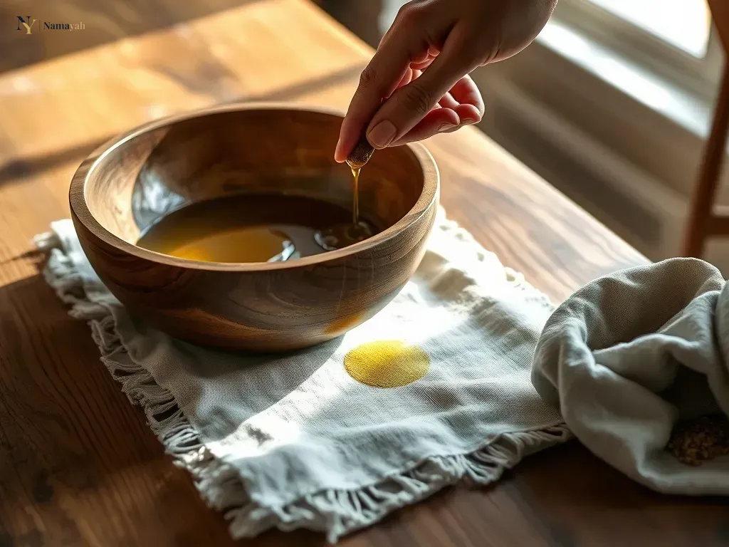 A close-up shot of hands applying oil to a handcrafted wooden serving bowl to maintain its finish.