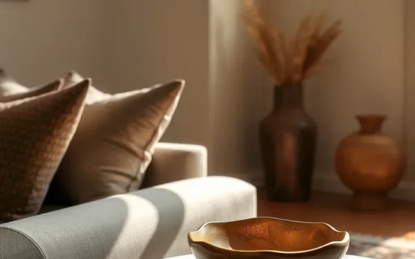 A sunlit living room featuring artisan home decor, including a polished brass vase and hand-carved wooden bowl on a marble table, showcasing luxurious Indian-inspired interior design.